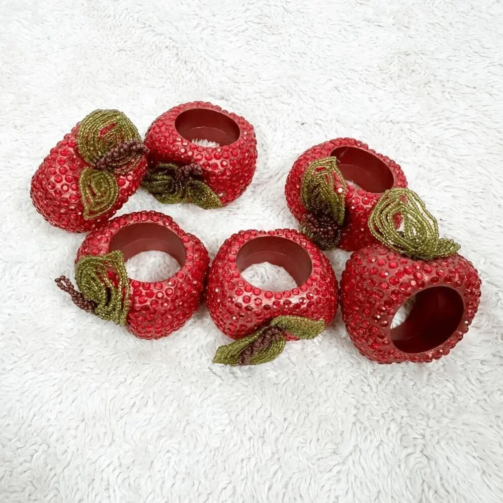 Set of 6 Bejeweled Apple Napkin Rings Kitchen Table Decor Beaded Summer Fall